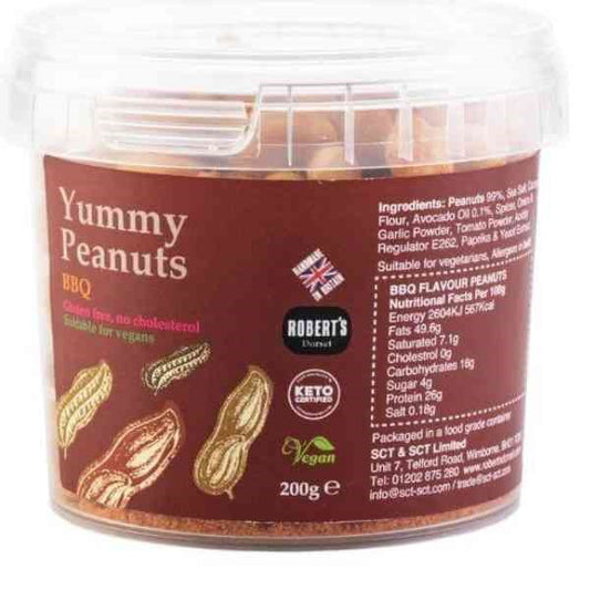 BBQ Flavoured peanuts, in a 200g pot. Gluten-free and vegan. 