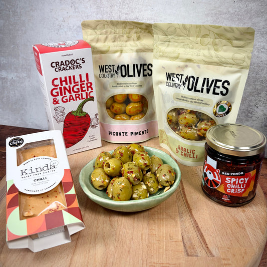 Spicy Vegan hamper, vegan olives, vegan crackers, vegan cheese and Chilli Crisp 