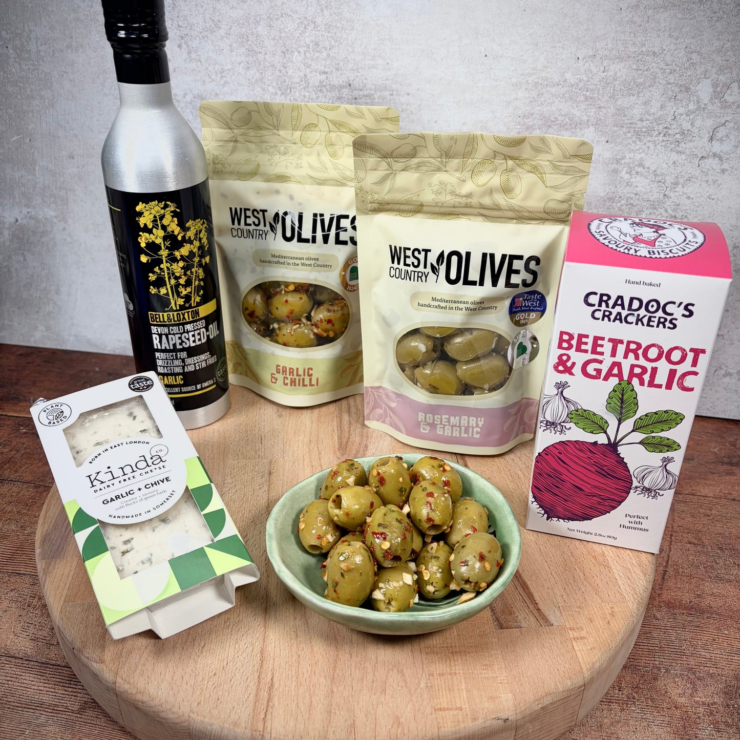 Vegan garlic gift hamper, garlic olives, beetroot and garlic vegan crackers, garlic and chive cheese and garlic rapeseed oil