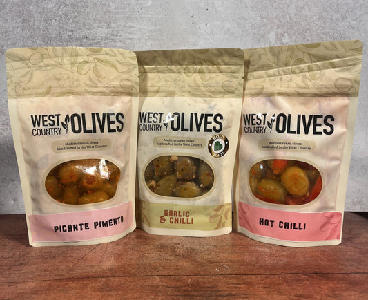 Trio of spicy flavoured olives, picante pimento, garlic and chilli and Hot Chilli