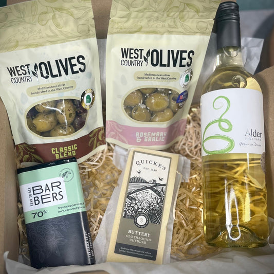 Devon Delights Hamper with artisan olives, chocolate and cheese